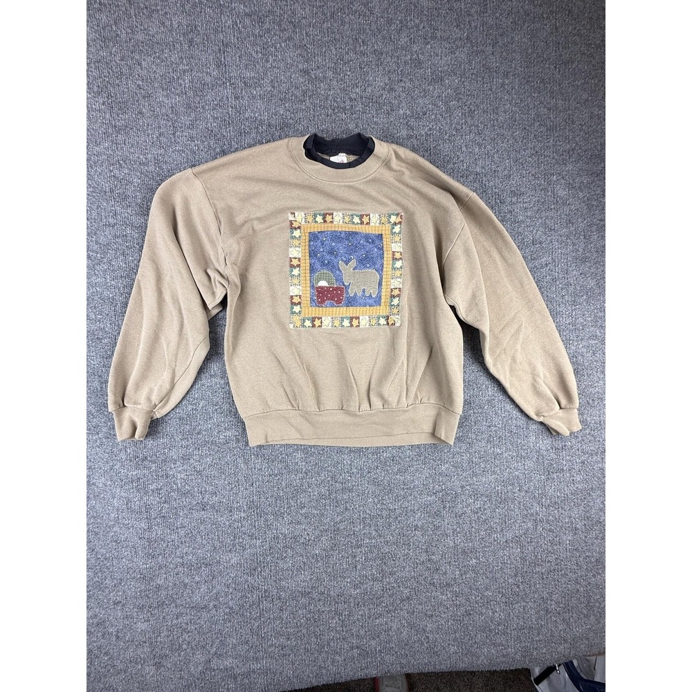 Jerzees Sweatshirt Mens Large Beige Animal Applique Crewneck Pullover Fleece USA